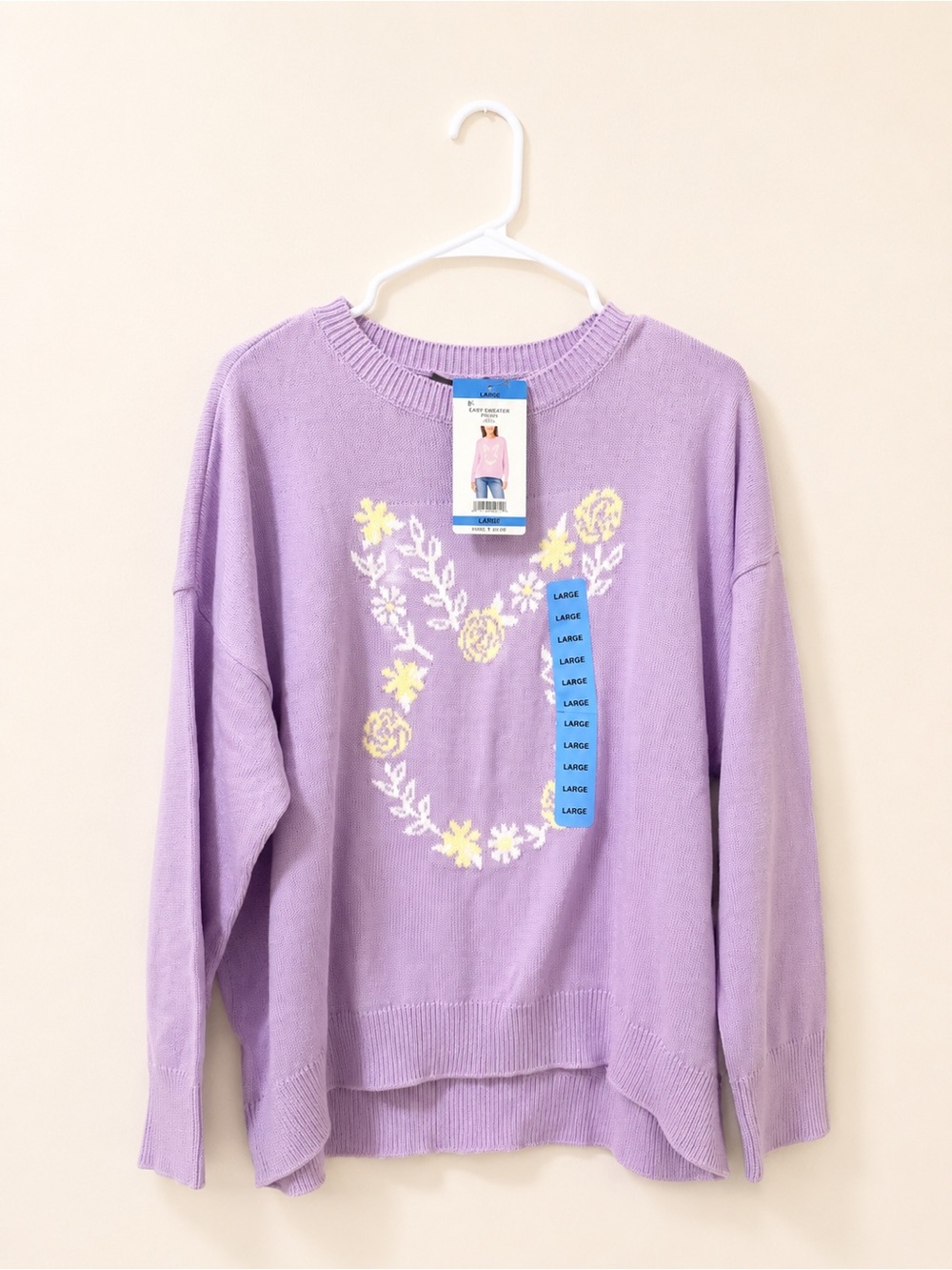 Vince Camuto Lavender Floral Crewneck Sweater with Yellow & White Embroidery